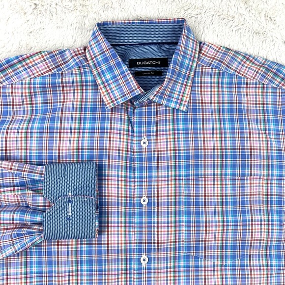 Bugatchi Other - Bugatchi Dress Shirt Men's LARGE Blue Red Plaid Classic Fit Cotton Flip Cuff